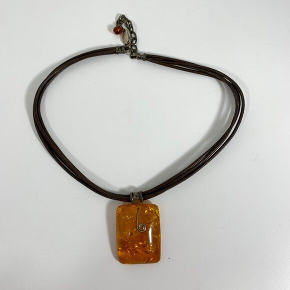 Amber Resin Pendant Necklace With Multi-Strand Brown Cord & Swirl Wire Accent - Picture 1 of 4